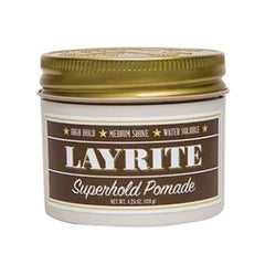 Layrite Superhold Pomade jar with gold lid and brown label, medium shine water soluble