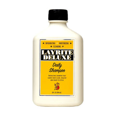 Layrite Daily Shampoo bottle, white plastic with black cap, front label with text