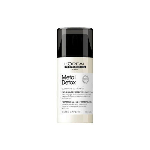 L'Oreal Metal Detox leave-in cream bottle with black cap, 100 ml front label