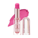 Pink rose lipstick with clear tube, open cap, and pink swatch on the side