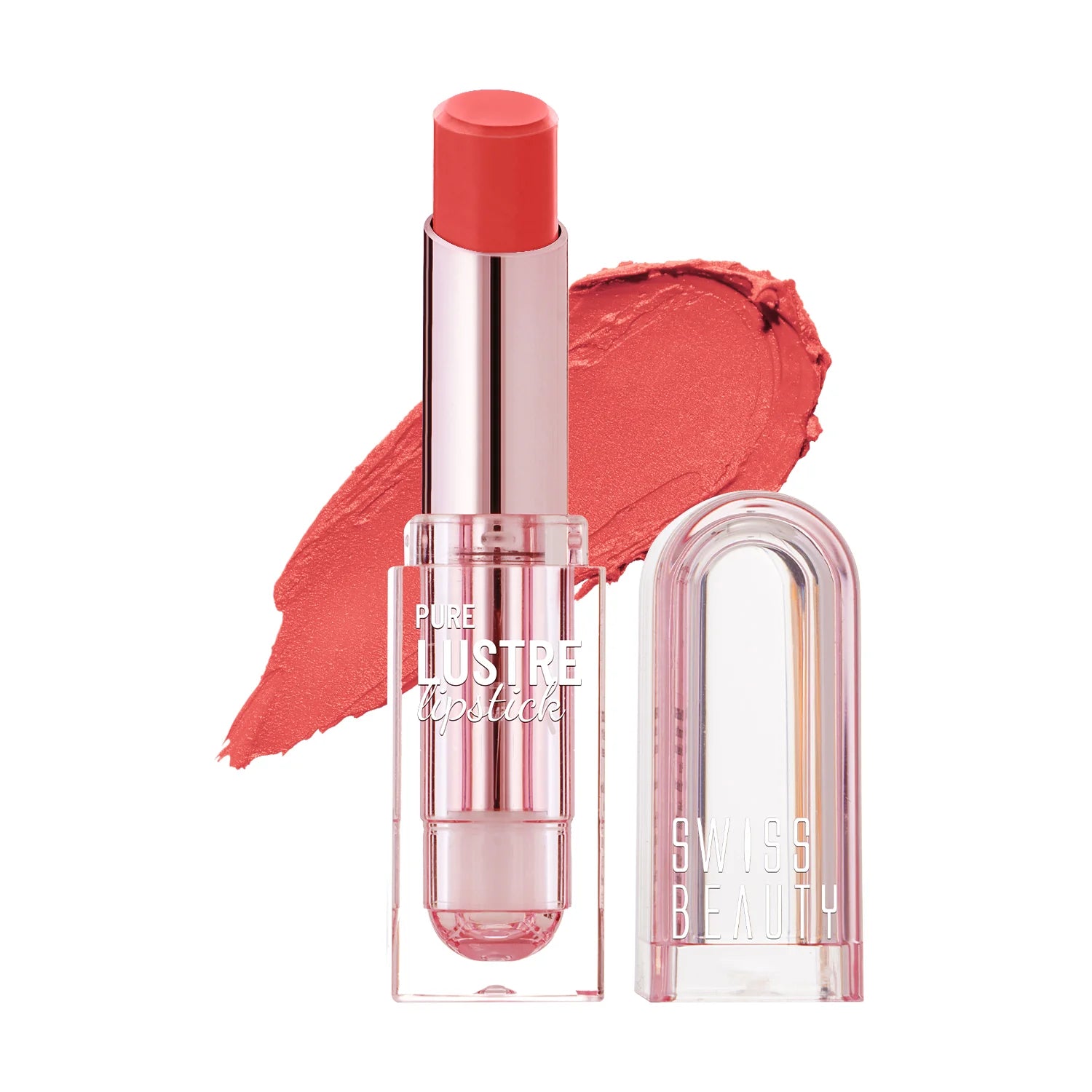 Peachy coral lipstick in a clear tube with red cap and matching color swatch