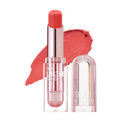 Peachy coral lipstick in a clear tube with red cap and matching color swatch