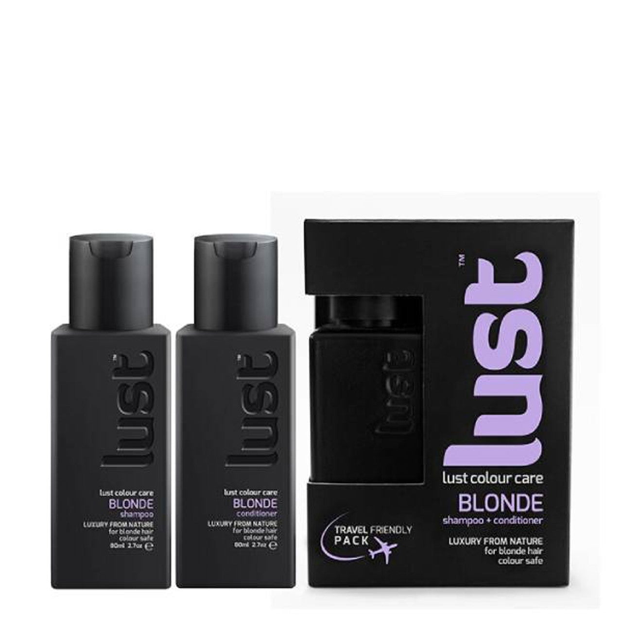 Lust Blonde travel duo pack: two dark bottles and Lust Blonde conditioner box