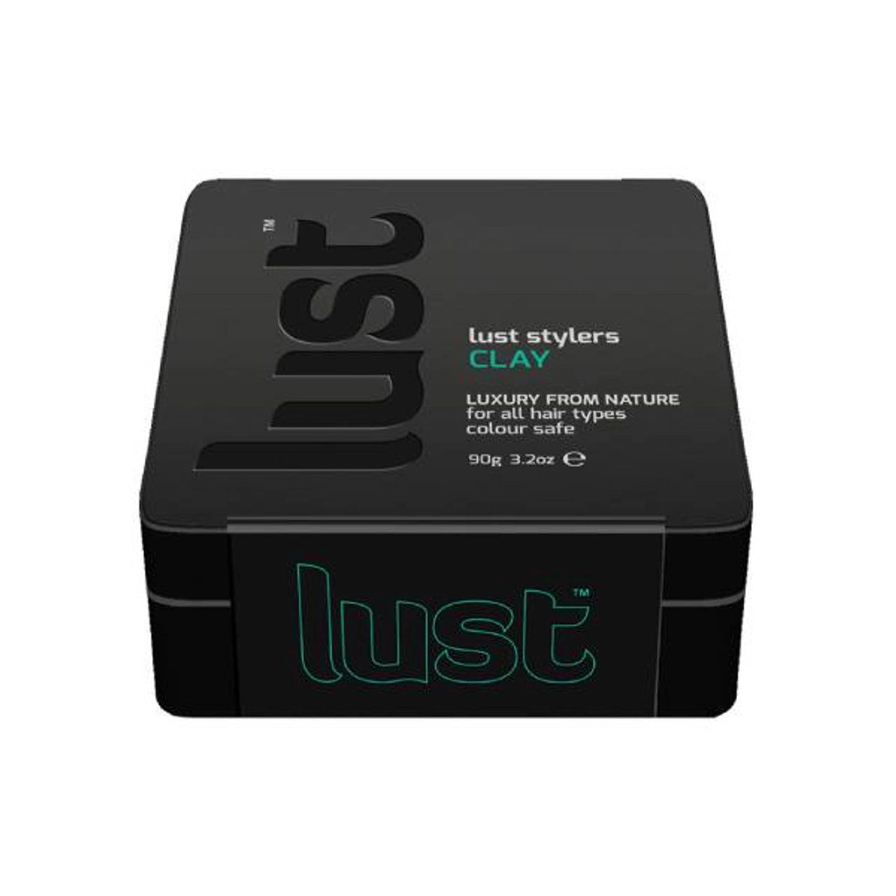 Black cosmetic clay jar with teal Lust label, round lid top, 90 g