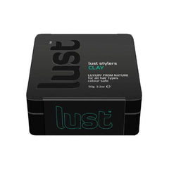 Black cosmetic clay jar with teal Lust label, round lid top, 90 g