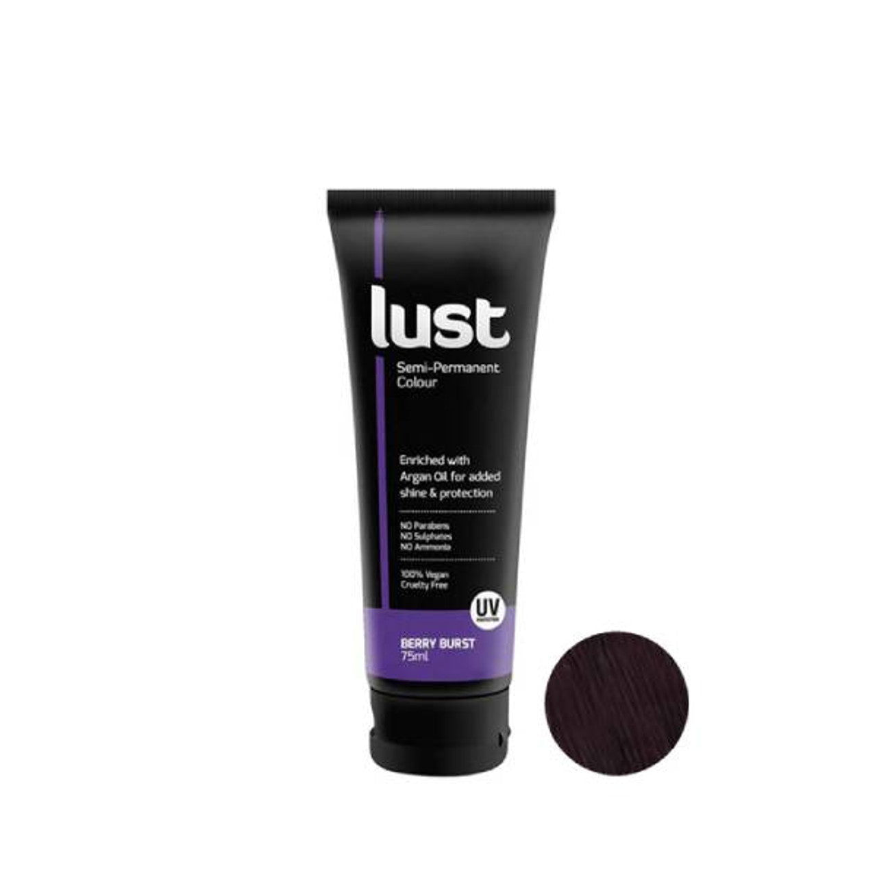 Hair color cream tube in dark berry purple, 75 ml, with swatch circle