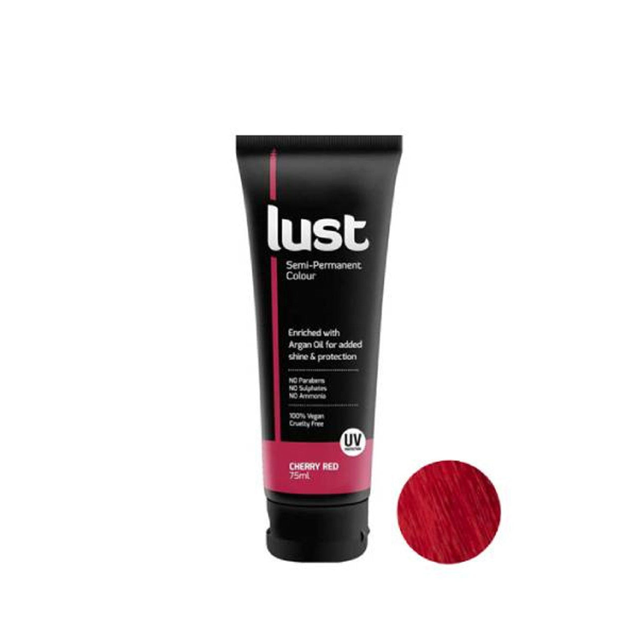 Hair dye tube in black with Cherry Red shade label and red color swatch