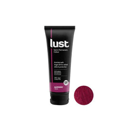 Lust Colour raspberry hair dye tube, 75 ml, with matching shade swatch