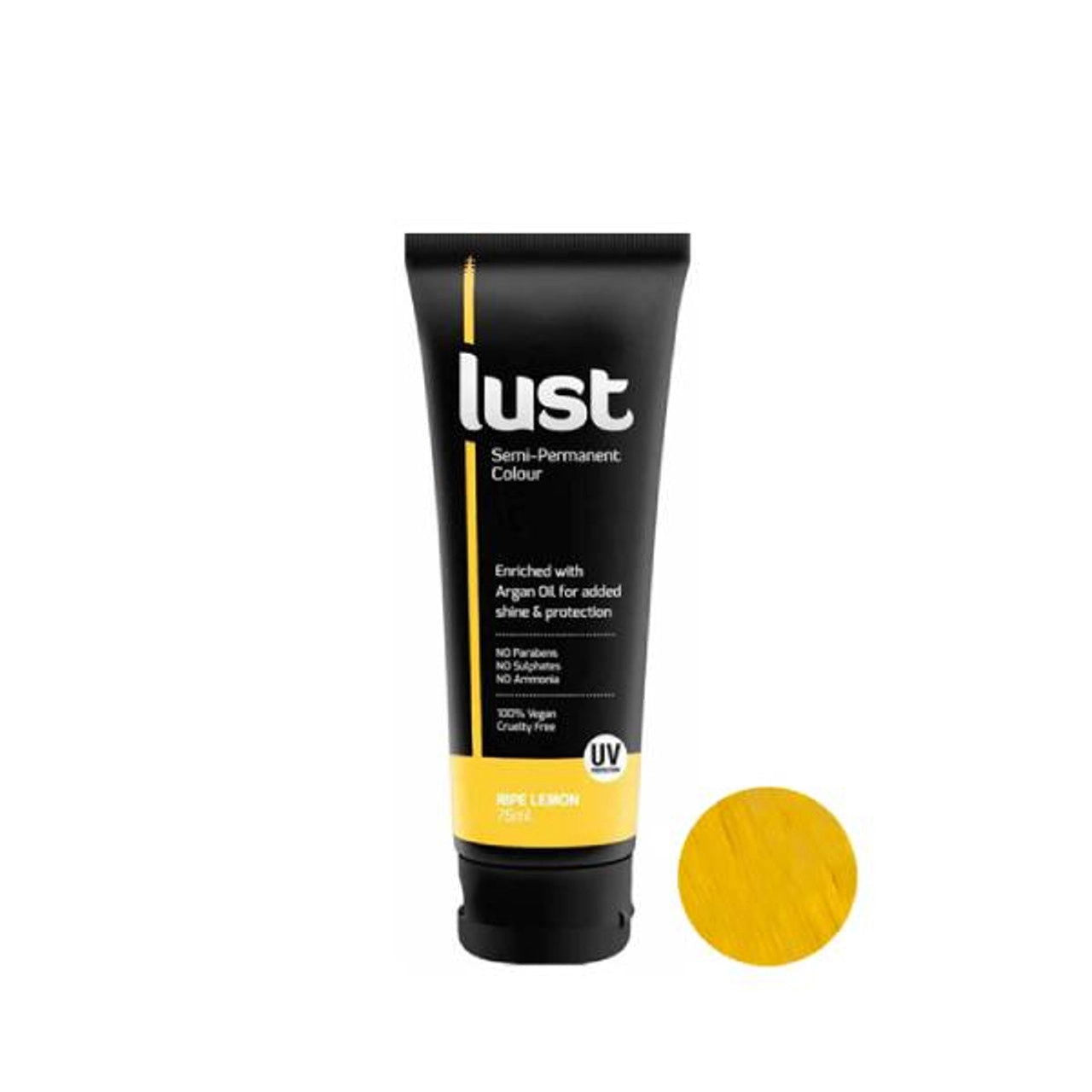 Permanent hair color tube in ripe lemon yellow with matching color swatch.