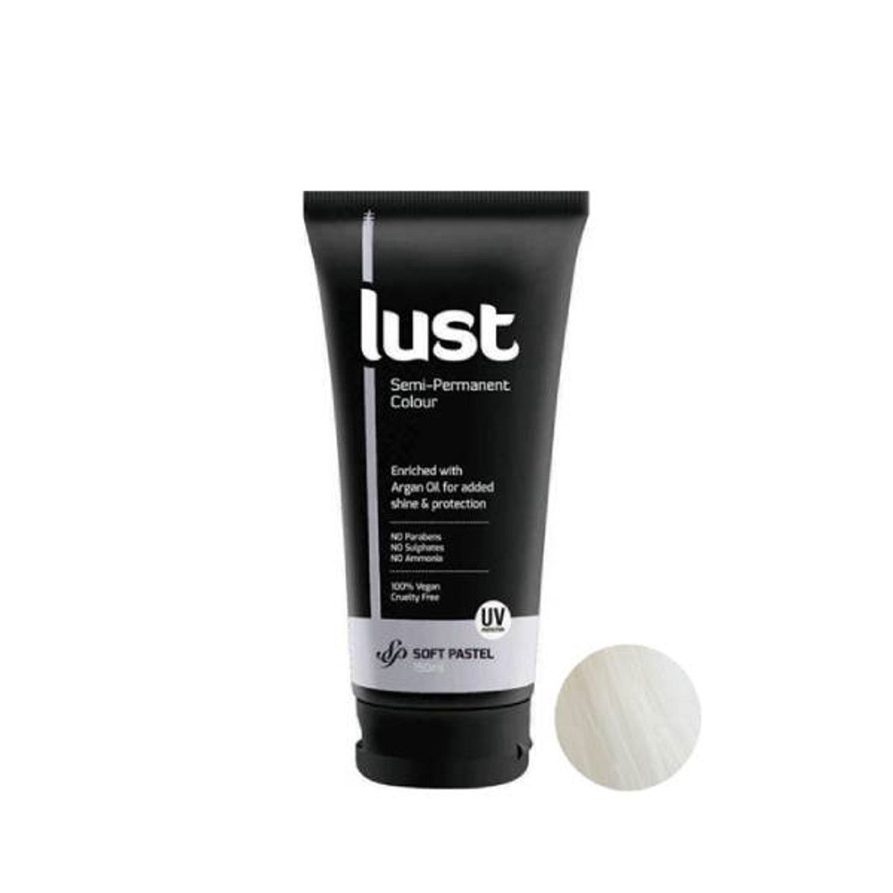 Lust semi-permanent hair color tube with soft pastel color swatch