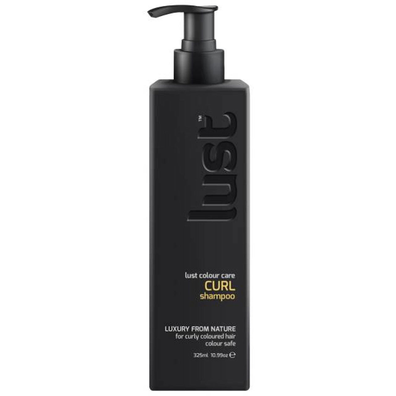 Lust Curl shampoo bottle with black pump, dark label