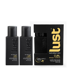 Curl care travel shampoo and conditioner duo set, black bottles with gold lettering
