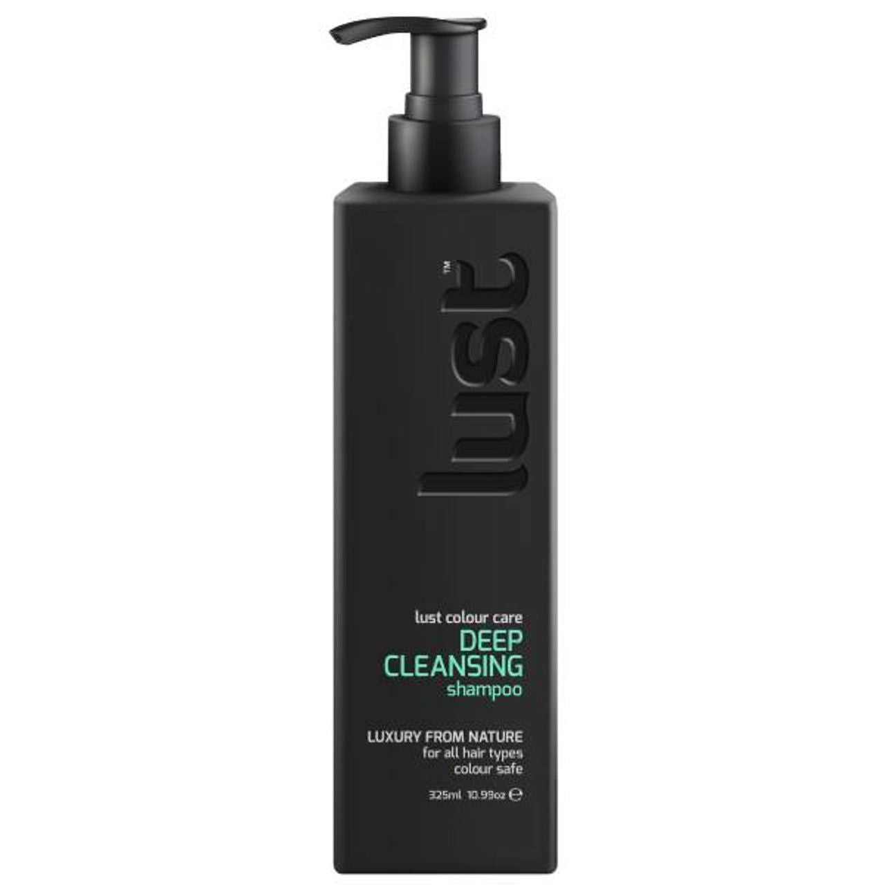 Lust deep cleansing shampoo bottle with black pump, dark bottle and label