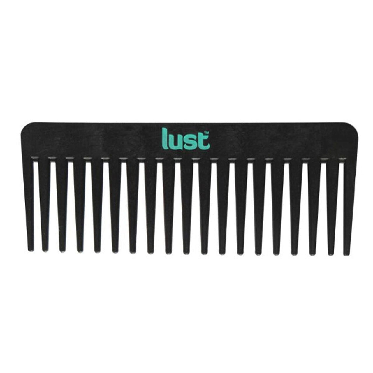 Lust eco detangling comb with black teeth and teal Lust logo