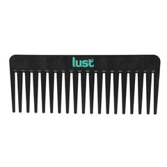 Lust eco detangling comb with black teeth and teal Lust logo