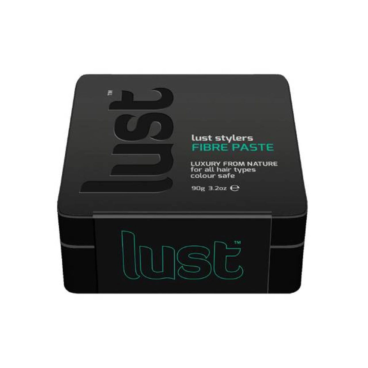 Black hair fibre paste tin with teal Lust logo