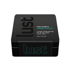 Black hair fibre paste tin with teal Lust logo