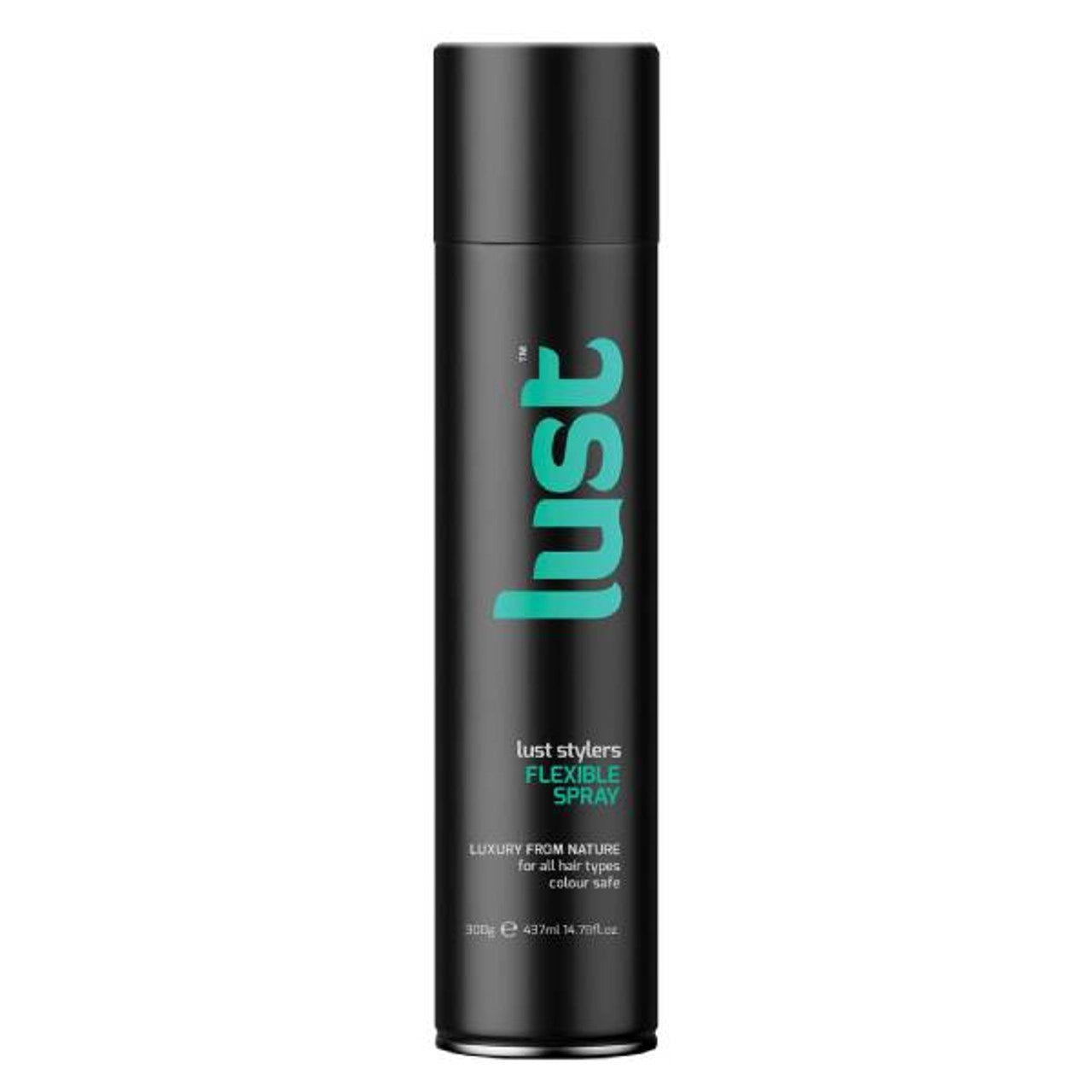 Lust flexible hair spray can, black with teal lettering, 300 g