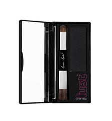 Black hair makeup palette with powder compartment and dual applicator brushes