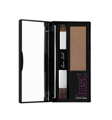 Chestnut hair makeup compact with open case, powder pan and brush applicator