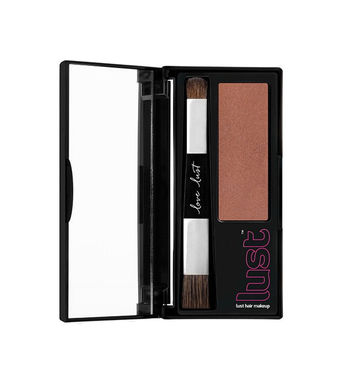 Hair makeup kit with copper powder, brush, and open compact case