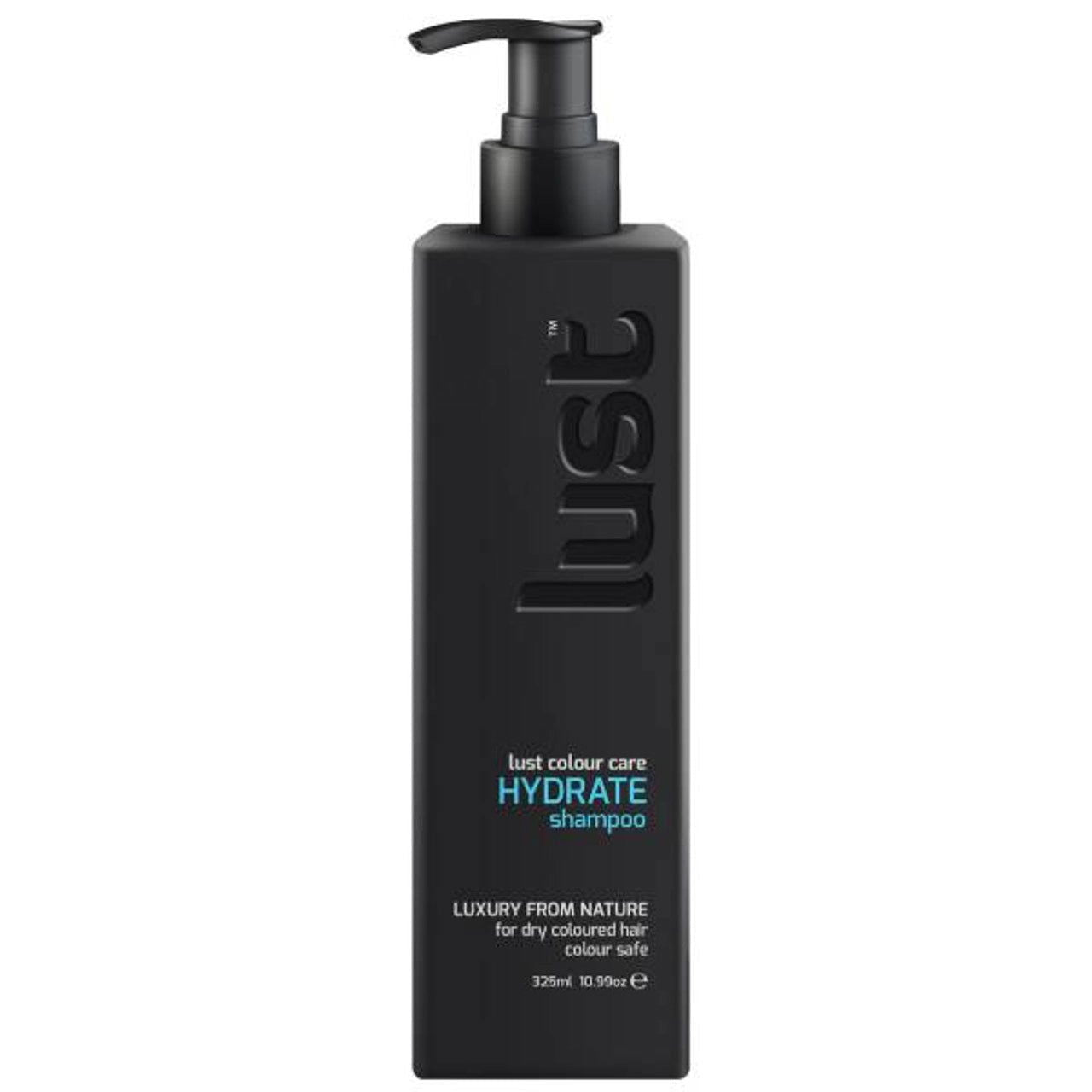 Hydrate shampoo bottle with black pump and 'lust colour care' label