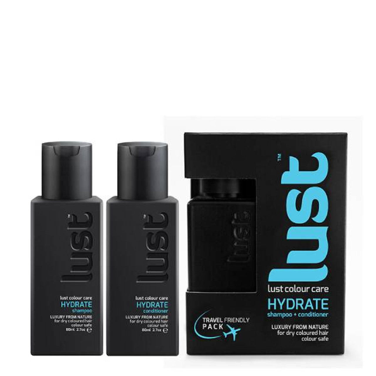 Hydrate haircare travel duo with two dark bottles and black box