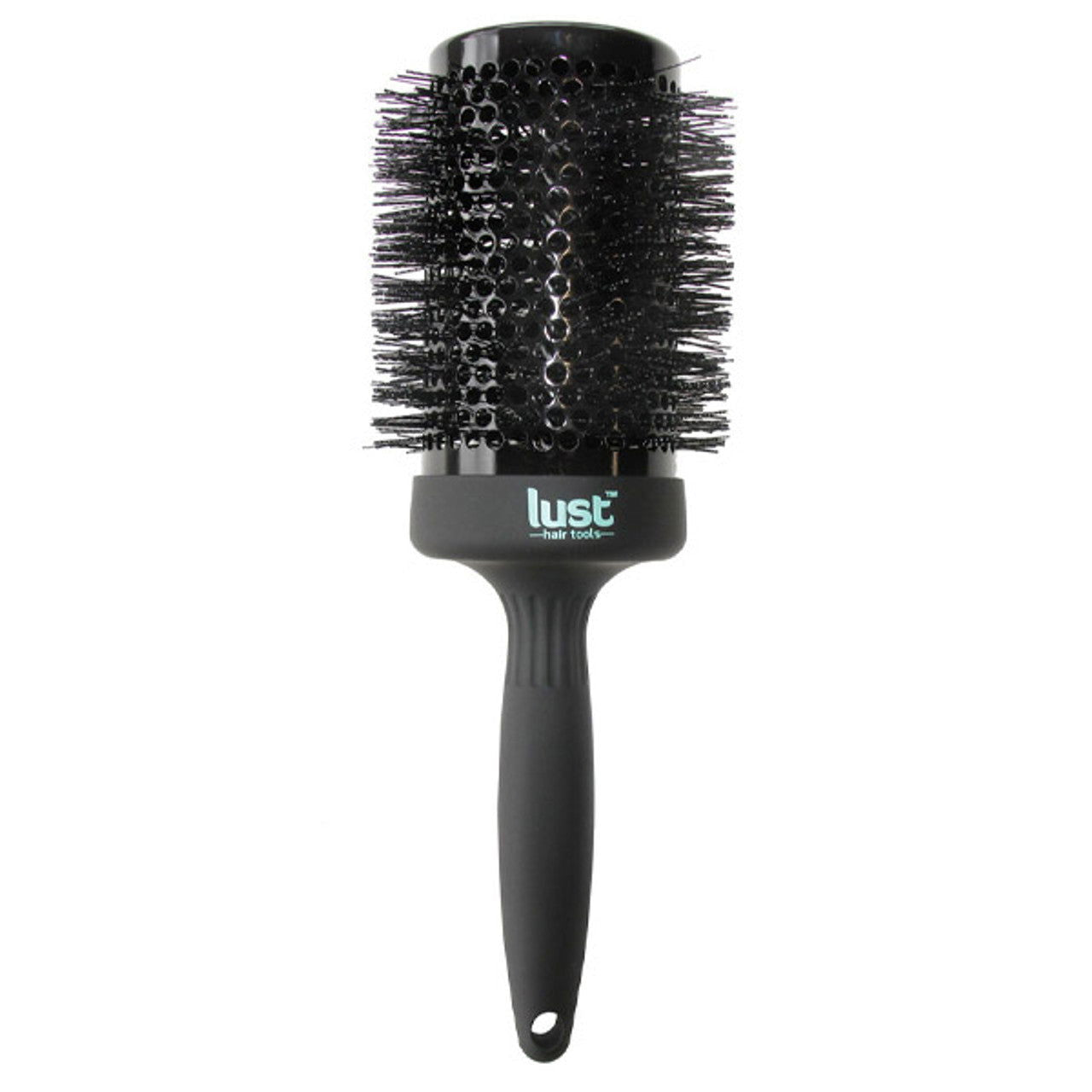 Ceramic hair brush with round black brush head, black bristles, and Lust handle label