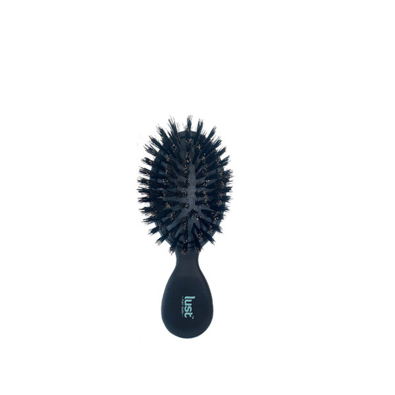 Lust Luxury mini cushion hair brush with dark blue oval cushioned base and spiked bristles
