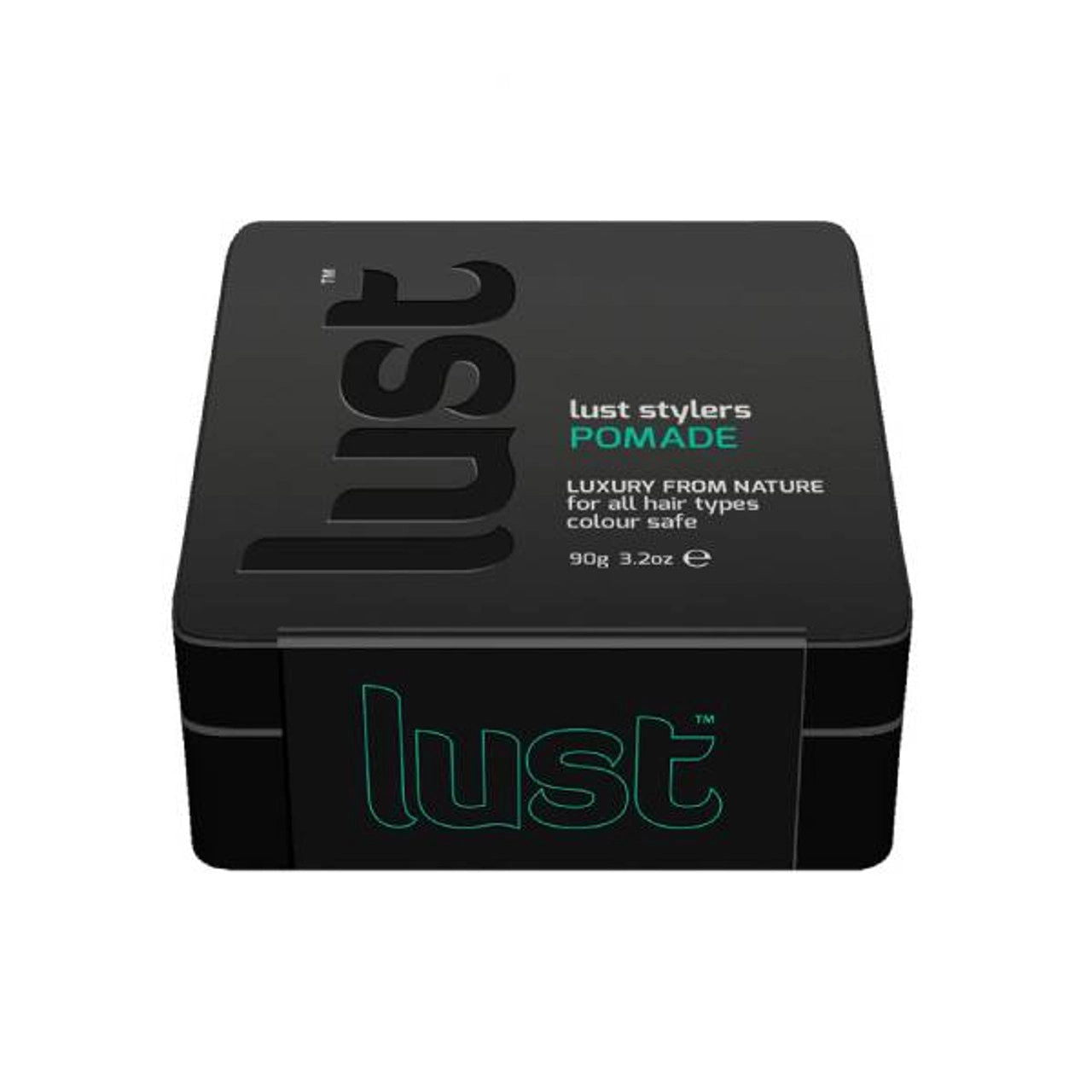 Black lust hair pomade tin with teal logo, 90g