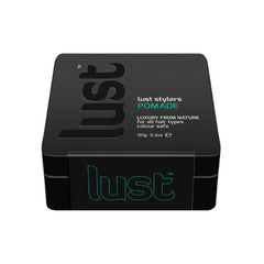 Black lust hair pomade tin with teal logo, 90g