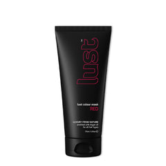 Red color hair mask tube, black with red lettering, screw cap bottom, 175 ml