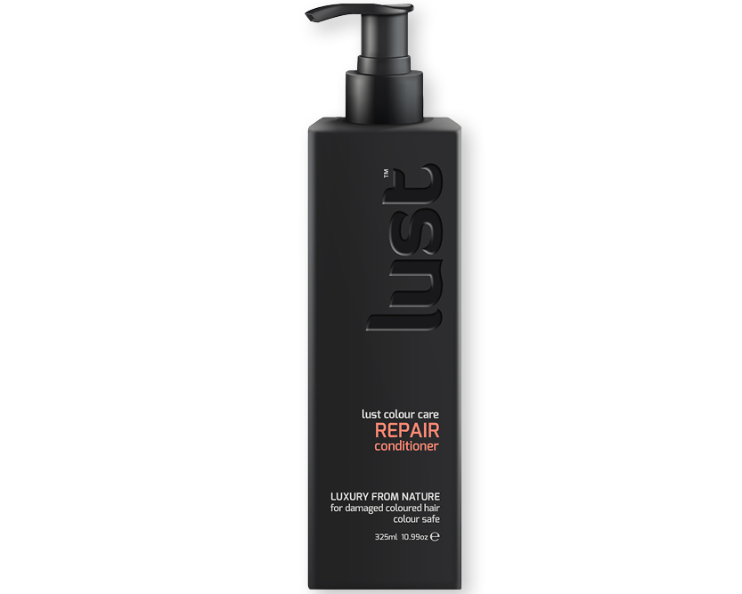 Hair conditioner bottle, dark bottle with pump and Repair label