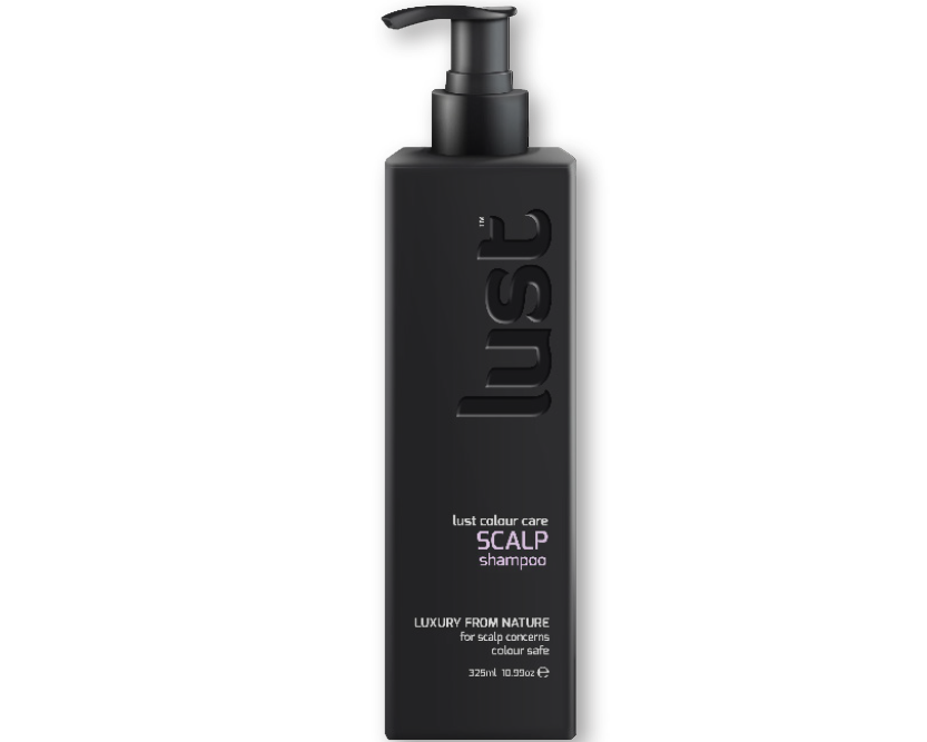 Lust scalp care shampoo bottle with black pump and SCALP shampoo label