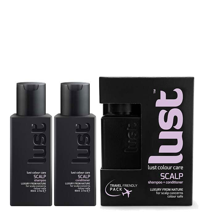 Lust Scalp Care travel duo set: two black shampoo and conditioner bottles with box