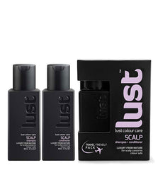 Lust Scalp Care travel duo set: two black shampoo and conditioner bottles with box