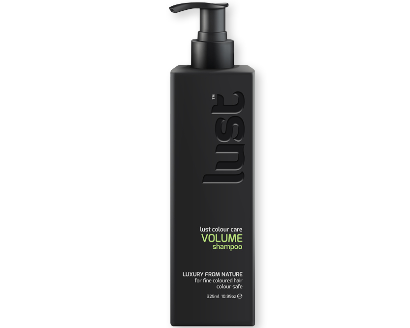 Shampoo bottle with black pump, dark bottle, Lust Volume branding and 325 ml