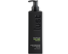 Shampoo bottle with black pump, dark bottle, Lust Volume branding and 325 ml