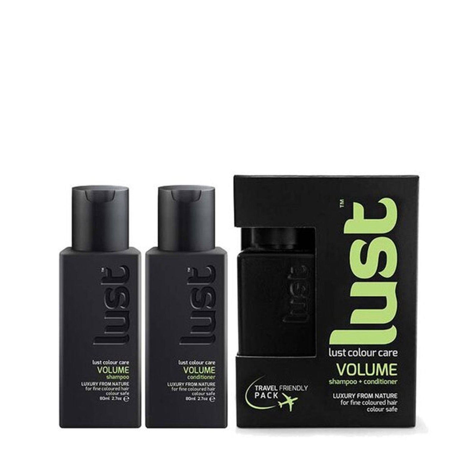 Lust Volume travel duo set with two dark pump bottles and black box