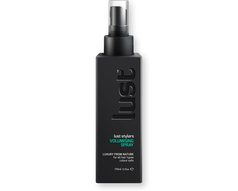 Hair volumising spray bottle, black with silver pump, 175 ml