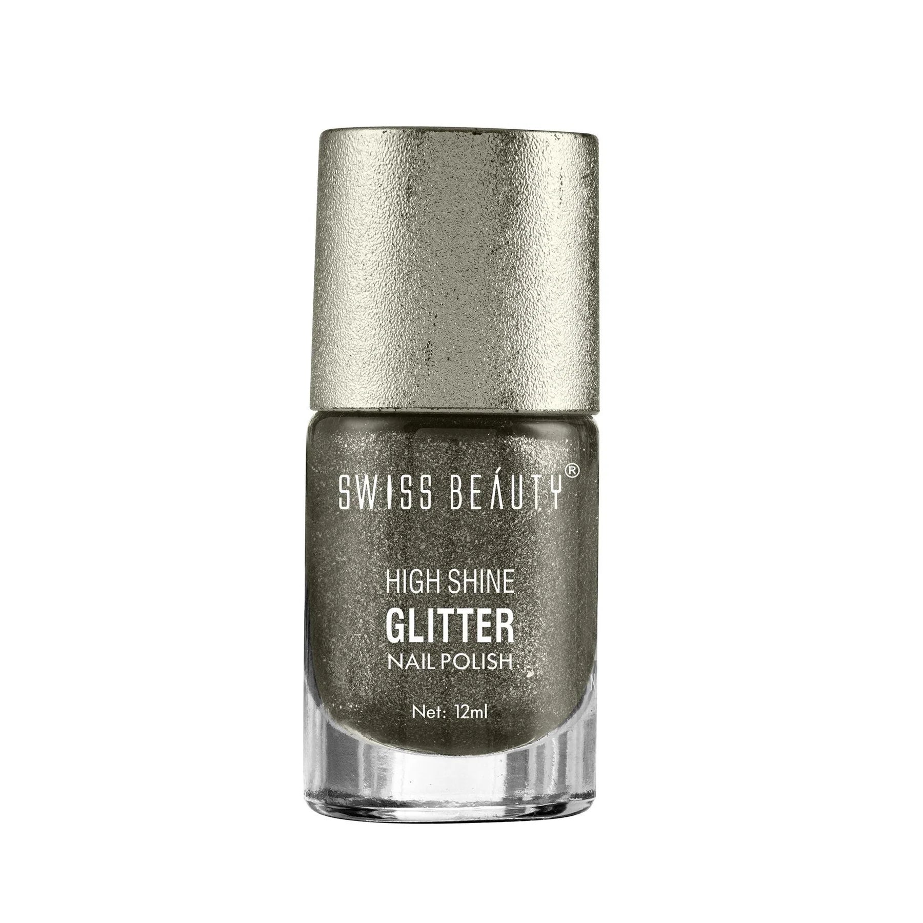 Swiss Beauty high-shine glitter nail polish bottle, metallic silver shade
