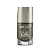 Swiss Beauty high-shine glitter nail polish bottle, metallic silver shade