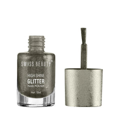 Glitter nail polish bottle with cap and applicator tube, metallic silver