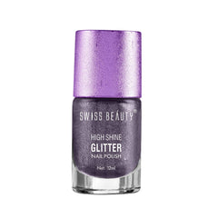 Purple glitter nail polish bottle with high-shine finish, Swiss Beauty