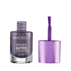 Purple glitter nail polish bottle with wide open brush, high-shine finish