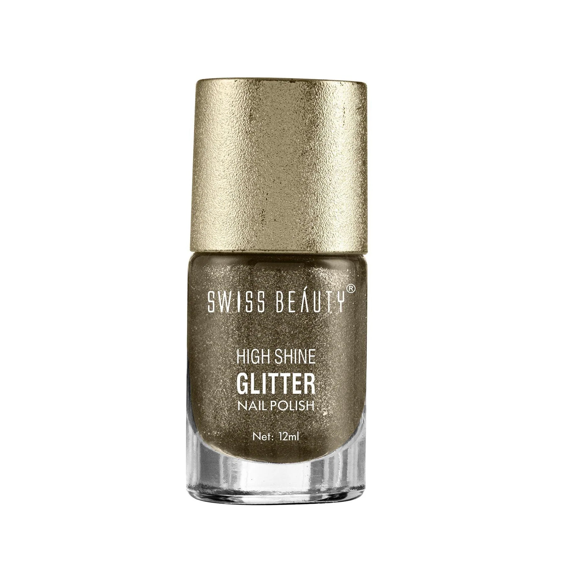 Gold glitter nail polish bottle with high-shine label