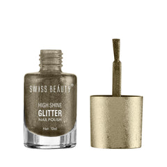Gold glitter nail polish bottle with open brush cap