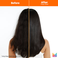 Hair before-and-after split: Mega Sleek smoothing makes hair look straighter