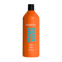 Matrix Mega Sleek smoothing shampoo bottle, orange with black cap, 1L