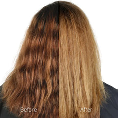 Hair comparison: dark brown before and light blonde after pigment removal